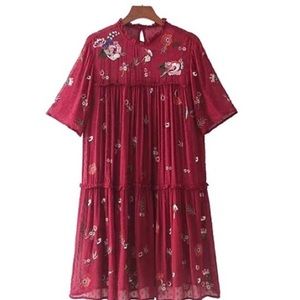 Floral embriodery chiffon Sequined pleated dress